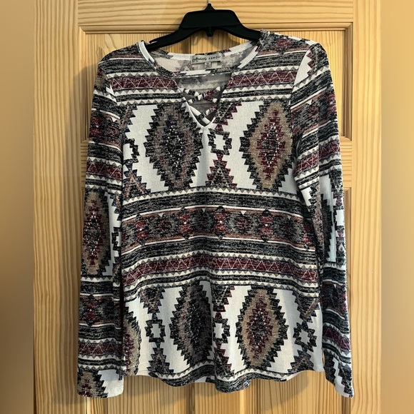 Absolutely Famous Tops - Absolutely Famous Southwestern Tan Black Maroon and White Long Sleeve Top Size M